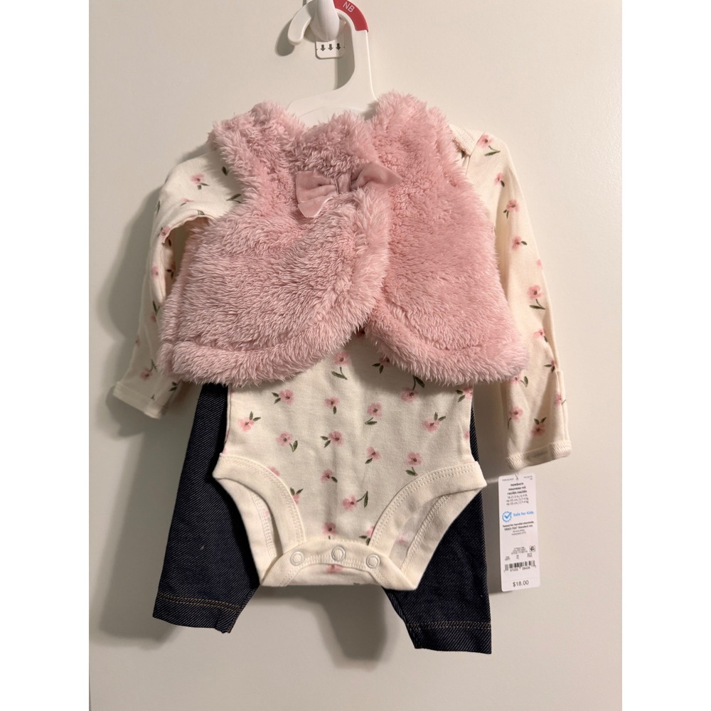 Carters Just One You Newborn Girl 3pc Set Floral Bodysuit Faux Fur Vest Pants